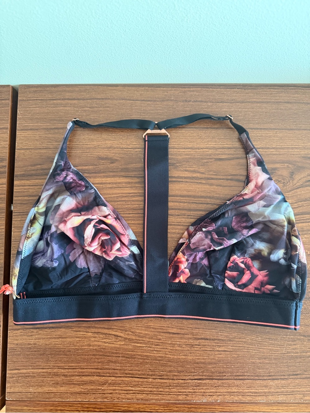 Stance Floral Mesh T-Back Bralette in Black and Rose